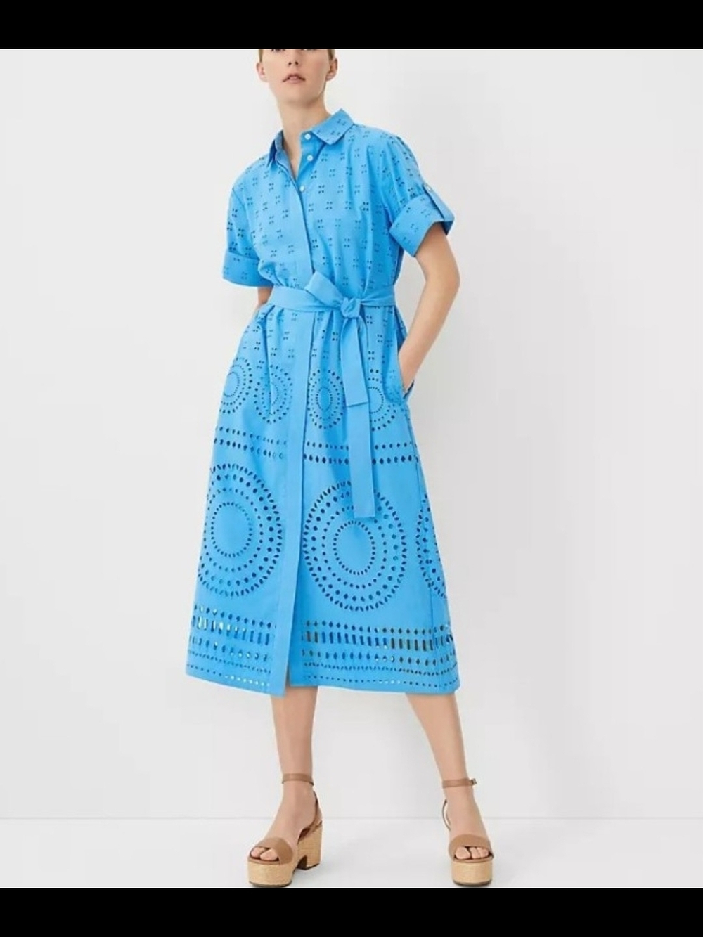 Ann Taylor Bright Blue Eyelet Midi Shirt Dress with Tie Waist